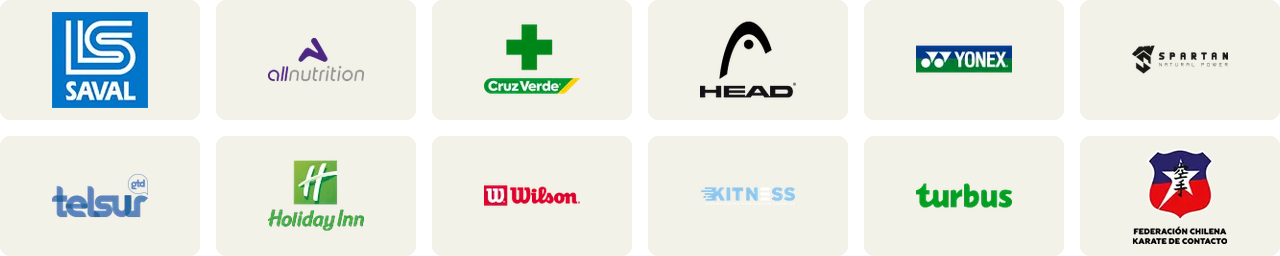 Saval, All Nutrition, Cruz Verde, Head, Yonex, Spartan, Telsur, Holiday Inn, Wilson, Kitness, Turbus y Federación Chilena de Karate