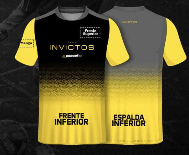 Polera Team Invictos con las zonas para tu marca: frente superior, manga, frente inferior y espalda inferior