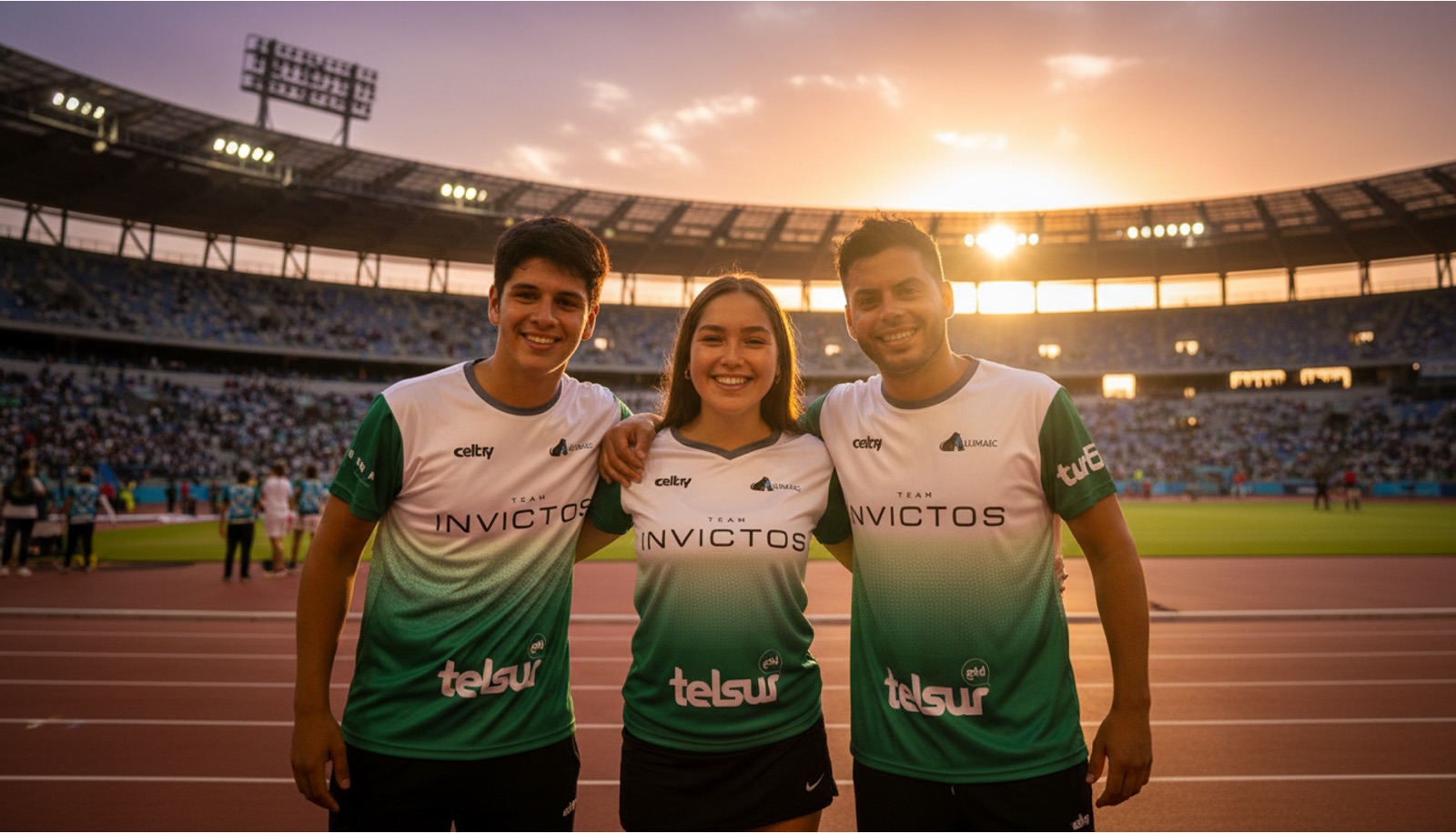 Tres deportistas con la camiseta Invictos en un estadio al atardecer
